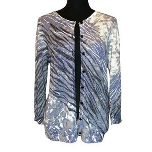 Joseph A Animal Print Shimmer Zebra Leopard Cardigan Sweater Size Large